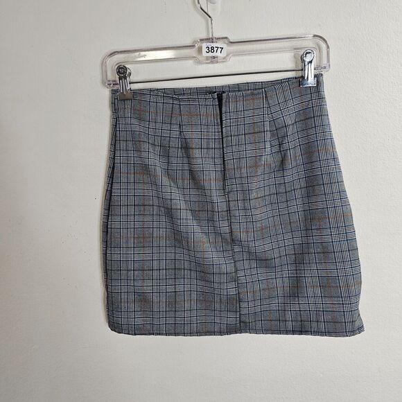 NWT Windsor Gray & Orange Plaid Print High Waist Side Slit Stretch Mini Skirt S - Picture 3 of 8